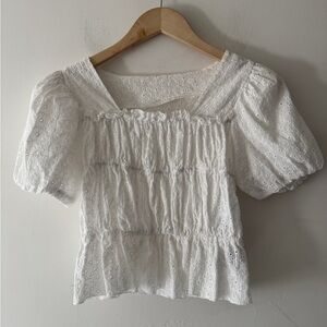 DAZY White‎ Smocked Eyelet Puff Sleeve Blouse